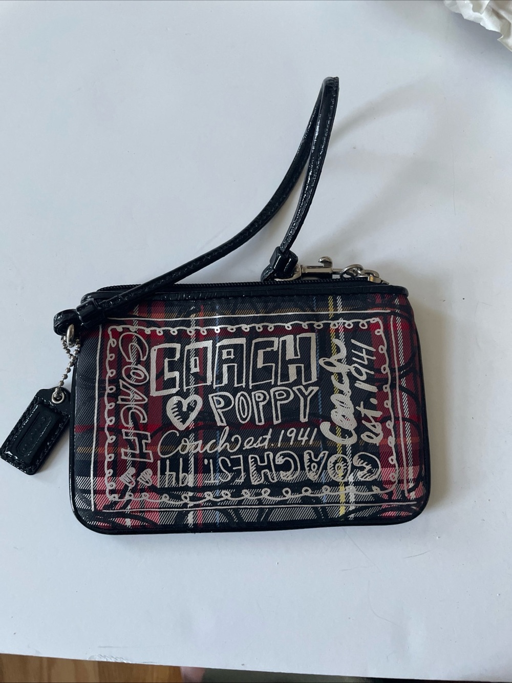 Coach Poppy Red Plaid Signature Wristlet